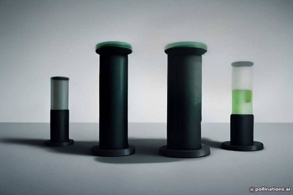 A dark charcoal field split into two tall columns joined by a single green news-identity thread running left to right; left column a rising stack of coin-discs labelled in IBM Plex Mono with ascending figures, a battery cell and a small chat-bubble token feeding into its base; right column a bell-jar over a candle shaped like a rocket, a thin ascending line graph behind it climbing $20B→$35B→$50B, a tiny exchange-ticker frame at the top reading HK; both columns rest on the same horizon line stamped faintly with a dashed national border; figures $12B, $50B set large at the top of each column; no logos, no readable brand names