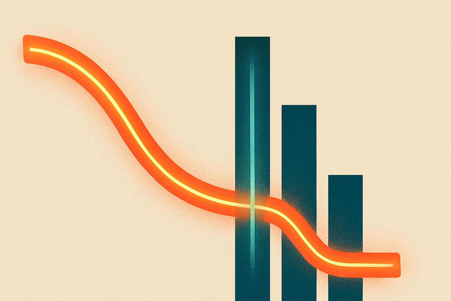 A descending price curve as a bright waveform, and rising vertical funding bars piercing up through it at a single concentrated point