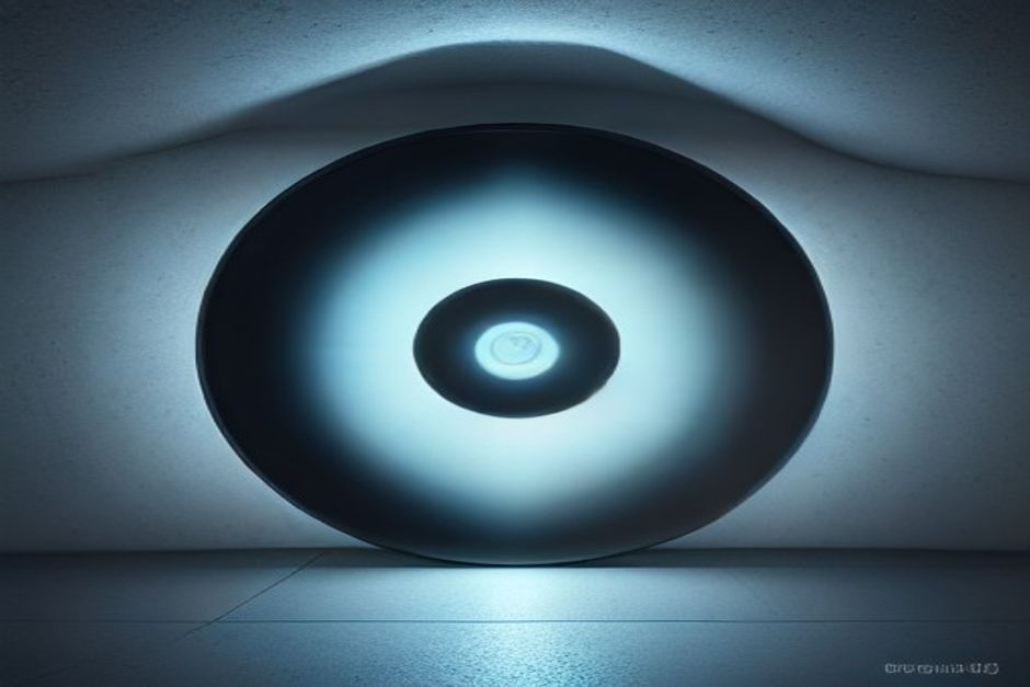 A sealed steel vault door slightly ajar with cold blue light leaking from the crack, a single amber warning lamp above it, the rest of the frame in deep shadow